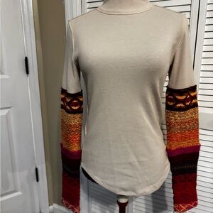 We The Free Cream Turtleneck Sweater with Multicolor Patterned Sleeves